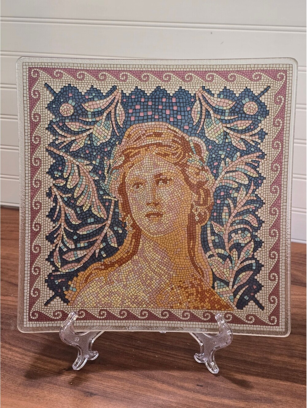 Vintage Roman Mosaic Glass Platter Charger Classical Portrait Plate 10"